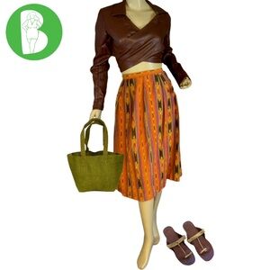 VINTAGE 1980'S ORANGE, BROWN, GREEN HANDMADE SOUTHWEST PRINT MIDI SKIRT (M)